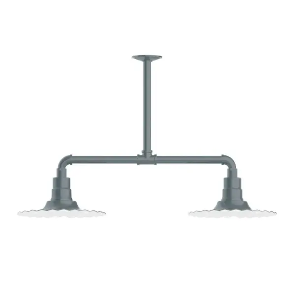 Maximize your light output with our 2-Light Multi-Light Stem Hung Pendants. Illuminate an outdoor or indoor kitchen island or dining table, this industrial look works well in both commercial and residential applications. The Radial Shade is fluted to allow water to flow off its surface, suitable for seaside and non-seaside locales. Collection: Radial Finish: Slate Gray Glass: 12 inch Radial Notes: Option (2) A19 LED and 3-Integrated 8W, 10W, 15W Width: 12.00" Height: 53.00" Length: 35.00" Weight: 28.00 lb Extension from Wall: 35.00" Canopy: 4.125" diameter Number of Bulbs: 2 Maximum Wattage: 100.00 W Bulb Type: A19 Bulb Base: E26 Medium Light Source: Incandescent or LED equivalent Dimmable Voltage: 120.00 V Country of Origin: US Safety Listing: UL/cUL Safety Rating: Wet Dark Sky LED Manufacturer Warranty: 1-year limited warranty on the fixture.