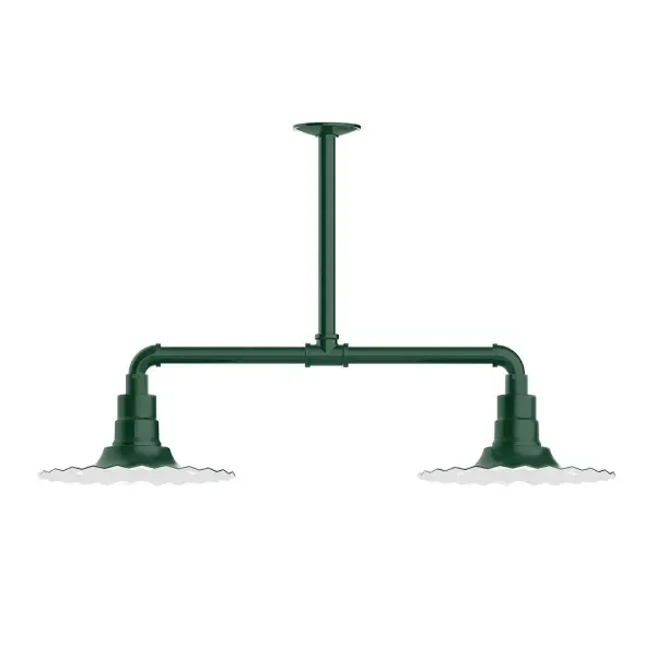 Maximize your light output with our 2-Light Multi-Light Stem Hung Pendants. Illuminate an outdoor or indoor kitchen island or dining table, this industrial look works well in both commercial and residential applications. The Radial Shade is fluted to allow water to flow off its surface, suitable for seaside and non-seaside locales. Collection: Radial Finish: Forest Green Glass: 12 inch Radial Notes: Option (2) A19 LED and 3-Integrated 8W, 10W, 15W Width: 12.00" Height: 29.00" Length: 35.00" Weight: 28.00 lb Extension from Wall: 35.00" Canopy: 4.125" diameter Number of Bulbs: 2 Maximum Wattage: 100.00 W Bulb Type: A19 Bulb Base: E26 Medium Light Source: Incandescent or LED equivalent Dimmable Voltage: 120.00 V Country of Origin: US Safety Listing: UL/cUL Safety Rating: Wet Dark Sky LED Manufacturer Warranty: 1-year limited warranty on the fixture.