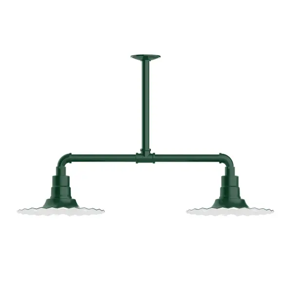 Maximize your light output with our 2-Light Multi-Light Stem Hung Pendants. Illuminate an outdoor or indoor kitchen island or dining table, this industrial look works well in both commercial and residential applications. The Radial Shade is fluted to allow water to flow off its surface, suitable for seaside and non-seaside locales. Collection: Radial Finish: Forest Green Glass: 12 inch Radial Notes: Option (2) A19 LED and 3-Integrated 8W, 10W, 15W Width: 12.00" Height: 35.00" Length: 35.00" Weight: 28.00 lb Extension from Wall: 35.00" Canopy: 4.125" diameter Number of Bulbs: 2 Maximum Wattage: 100.00 W Bulb Type: A19 Bulb Base: E26 Medium Light Source: Incandescent or LED equivalent Dimmable Voltage: 120.00 V Country of Origin: US Safety Listing: UL/cUL Safety Rating: Wet Dark Sky LED Manufacturer Warranty: 1-year limited warranty on the fixture.