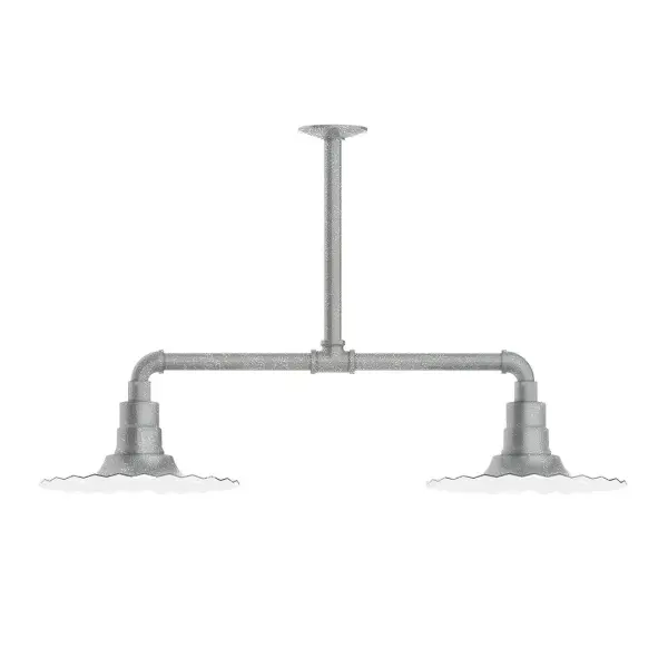 Maximize your light output with our 2-Light Multi-Light Stem Hung Pendants. Illuminate an outdoor or indoor kitchen island or dining table, this industrial look works well in both commercial and residential applications. The Radial Shade is fluted to allow water to flow off its surface, suitable for seaside and non-seaside locales. Collection: Radial Finish: Painted Galvanized Glass: 12 inch Radial Notes: Option (2) A19 LED and 3-Integrated 8W, 10W, 15W Width: 12.00" Height: 29.00" Length: 35.00" Weight: 28.00 lb Extension from Wall: 35.00" Canopy: 4.125" diameter Number of Bulbs: 2 Maximum Wattage: 100.00 W Bulb Type: A19 Bulb Base: E26 Medium Light Source: Incandescent or LED equivalent Dimmable Voltage: 120.00 V Country of Origin: US Safety Listing: UL/cUL Safety Rating: Wet Dark Sky LED Manufacturer Warranty: 1-year limited warranty on the fixture.