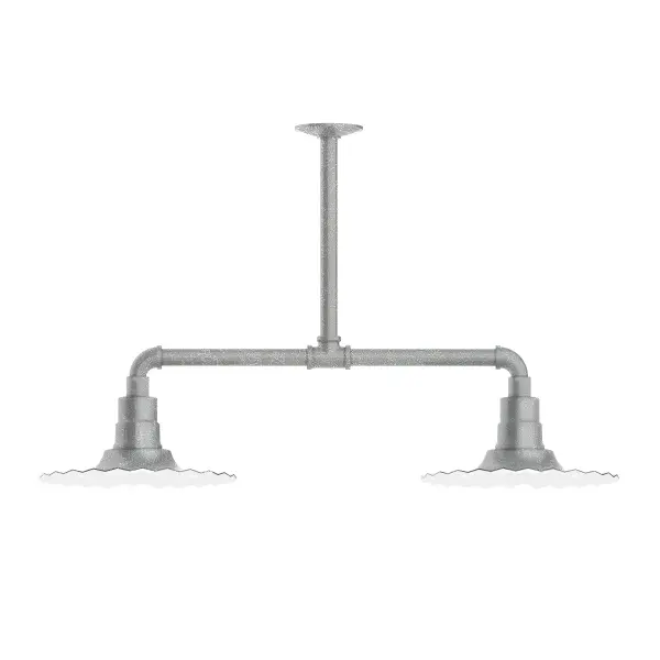 Maximize your light output with our 2-Light Multi-Light Stem Hung Pendants. Illuminate an outdoor or indoor kitchen island or dining table, this industrial look works well in both commercial and residential applications. The Radial Shade is fluted to allow water to flow off its surface, suitable for seaside and non-seaside locales. Collection: Radial Finish: Painted Galvanized Glass: 12 inch Radial Notes: Option (2) A19 LED and 3-Integrated 8W, 10W, 15W Width: 12.00" Height: 41.00" Length: 35.00" Weight: 28.00 lb Extension from Wall: 35.00" Canopy: 4.125" diameter Number of Bulbs: 2 Maximum Wattage: 100.00 W Bulb Type: A19 Bulb Base: E26 Medium Light Source: Incandescent or LED equivalent Dimmable Voltage: 120.00 V Country of Origin: US Safety Listing: UL/cUL Safety Rating: Wet Dark Sky LED Manufacturer Warranty: 1-year limited warranty on the fixture.