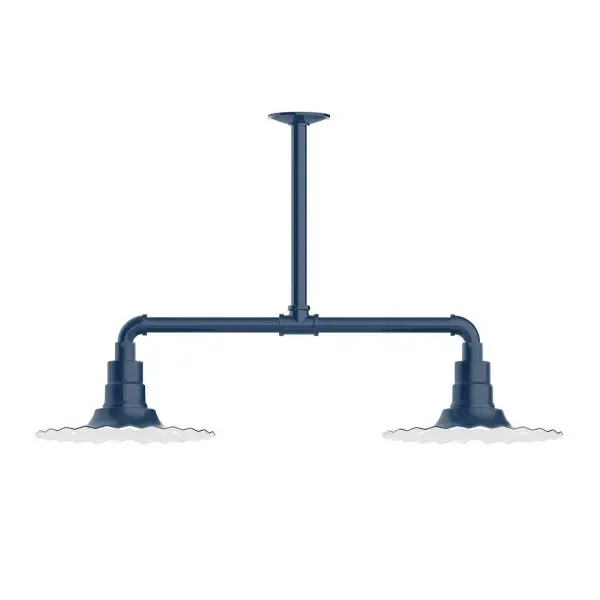 Maximize your light output with our 2-Light Multi-Light Stem Hung Pendants. Illuminate an outdoor or indoor kitchen island or dining table, this industrial look works well in both commercial and residential applications. The Radial Shade is fluted to allow water to flow off its surface, suitable for seaside and non-seaside locales. Collection: Radial Finish: Navy Glass: 12 inch Radial Notes: Option (2) A19 LED and 3-Integrated 8W, 10W, 15W Width: 12.00" Height: 53.00" Length: 35.00" Weight: 28.00 lb Extension from Wall: 35.00" Canopy: 4.125" diameter Number of Bulbs: 2 Maximum Wattage: 100.00 W Bulb Type: A19 Bulb Base: E26 Medium Light Source: Incandescent or LED equivalent Dimmable Voltage: 120.00 V Country of Origin: US Safety Listing: UL/cUL Safety Rating: Wet Dark Sky LED Manufacturer Warranty: 1-year limited warranty on the fixture.