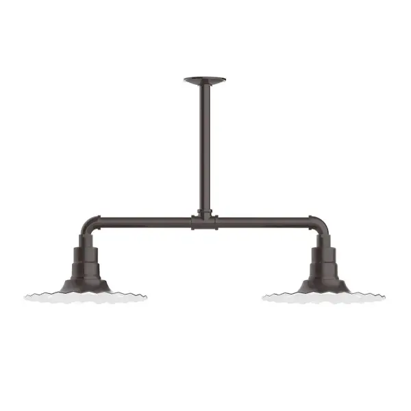 Maximize your light output with our 2-Light Multi-Light Stem Hung Pendants. Illuminate an outdoor or indoor kitchen island or dining table, this industrial look works well in both commercial and residential applications. The Radial Shade is fluted to allow water to flow off its surface, suitable for seaside and non-seaside locales. Collection: Radial Finish: Architectural Bronze Glass: 12 inch Radial Notes: Option (2) A19 LED and 3-Integrated 8W, 10W, 15W Width: 12.00" Height: 29.00" Length: 35.00" Weight: 28.00 lb Extension from Wall: 35.00" Canopy: 4.125" diameter Number of Bulbs: 2 Maximum Wattage: 100.00 W Bulb Type: A19 Bulb Base: E26 Medium Light Source: Incandescent or LED equivalent Dimmable Voltage: 120.00 V Country of Origin: US Safety Listing: UL/cUL Safety Rating: Wet Dark Sky LED Manufacturer Warranty: 1-year limited warranty on the fixture.