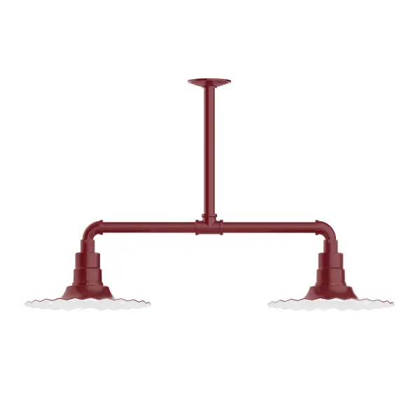 Maximize your light output with our 2-Light Multi-Light Stem Hung Pendants. Illuminate an outdoor or indoor kitchen island or dining table, this industrial look works well in both commercial and residential applications. The Radial Shade is fluted to allow water to flow off its surface, suitable for seaside and non-seaside locales. Collection: Radial Finish: Barn Red Glass: 12 inch Radial Notes: Option (2) A19 LED and 3-Integrated 8W, 10W, 15W Width: 12.00" Height: 41.00" Length: 35.00" Weight: 28.00 lb Extension from Wall: 35.00" Canopy: 4.125" diameter Number of Bulbs: 2 Maximum Wattage: 100.00 W Bulb Type: A19 Bulb Base: E26 Medium Light Source: Incandescent or LED equivalent Dimmable Voltage: 120.00 V Country of Origin: US Safety Listing: UL/cUL Safety Rating: Wet Dark Sky LED Manufacturer Warranty: 1-year limited warranty on the fixture.