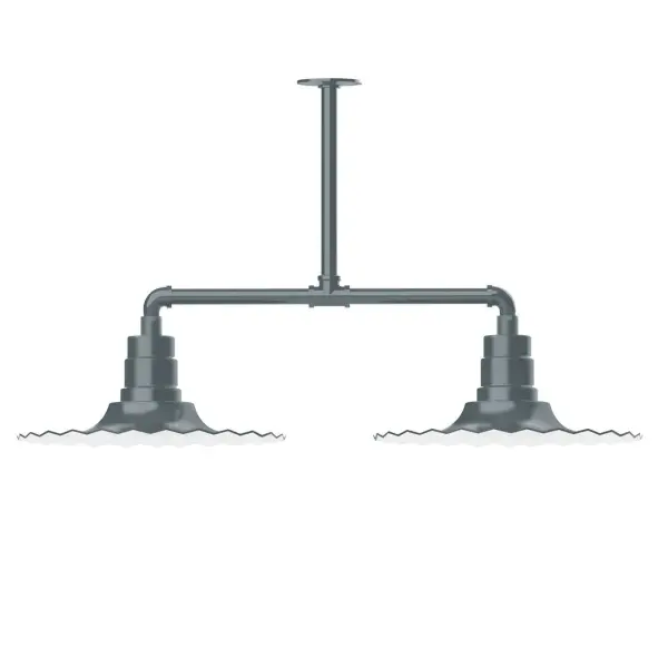 Maximize your light output with our 2-Light Multi-Light Stem Hung Pendants. Illuminate an outdoor or indoor kitchen island or dining table, this industrial look works well in both commercial and residential applications. The Radial Shade is fluted to allow water to flow off its surface, suitable for seaside and non-seaside locales. Collection: Radial Finish: Slate Gray Glass: 16 inch Radial Notes: Option (2) A19 LED and 3-Integrated 8W, 10W, 15W Width: 16.00" Height: 21.50" Length: 39.63" Weight: 28.00 lb Canopy: 4.125" diameter Number of Bulbs: 2 Maximum Wattage: 100.00 W Bulb Type: A19 Bulb Base: E26 Medium Light Source: Incandescent or LED equivalent Dimmable Voltage: 120.00 V Country of Origin: US Safety Listing: UL/cUL Safety Rating: Wet Dark Sky LED Manufacturer Warranty: 1-year limited warranty on the fixture.