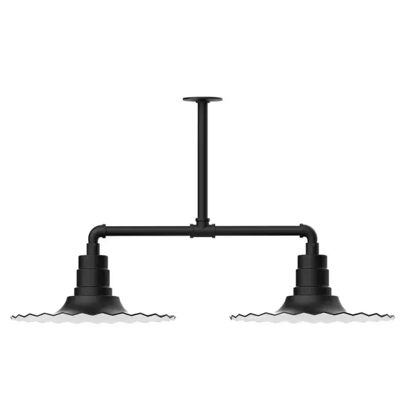 Maximize your light output with our 2-Light Multi-Light Stem Hung Pendants. Illuminate an outdoor or indoor kitchen island or dining table, this industrial look works well in both commercial and residential applications. The Radial Shade is fluted to allow water to flow off its surface, suitable for seaside and non-seaside locales. Collection: Radial Finish: Black Glass: 16 inch Radial Notes: Option (2) A19 LED and 3-Integrated 8W, 10W, 15W Width: 16.00" Height: 21.50" Length: 39.63" Weight: 28.00 lb Canopy: 4.125" diameter Number of Bulbs: 2 Maximum Wattage: 100.00 W Bulb Type: A19 Bulb Base: E26 Medium Light Source: Incandescent or LED equivalent Dimmable Voltage: 120.00 V Country of Origin: US Safety Listing: UL/cUL Safety Rating: Wet Dark Sky LED Manufacturer Warranty: 1-year limited warranty on the fixture.