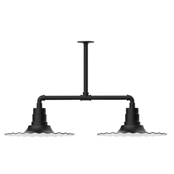 Maximize your light output with our 2-Light Multi-Light Stem Hung Pendants. Illuminate an outdoor or indoor kitchen island or dining table, this industrial look works well in both commercial and residential applications. The Radial Shade is fluted to allow water to flow off its surface, suitable for seaside and non-seaside locales. Collection: Radial Finish: Black Glass: 16 inch Radial Notes: Option (2) A19 LED and 3-Integrated 8W, 10W, 15W Width: 16.00" Height: 21.50" Length: 39.63" Weight: 28.00 lb Canopy: 4.125" diameter Number of Bulbs: 2 Maximum Wattage: 100.00 W Bulb Type: A19 Bulb Base: E26 Medium Light Source: Incandescent or LED equivalent Dimmable Voltage: 120.00 V Country of Origin: US Safety Listing: UL/cUL Safety Rating: Wet Dark Sky LED Manufacturer Warranty: 1-year limited warranty on the fixture.
