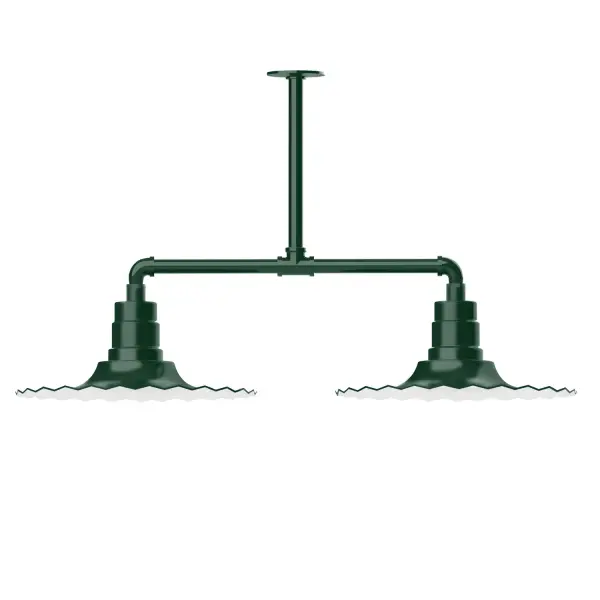 Maximize your light output with our 2-Light Multi-Light Stem Hung Pendants. Illuminate an outdoor or indoor kitchen island or dining table, this industrial look works well in both commercial and residential applications. The Radial Shade is fluted to allow water to flow off its surface, suitable for seaside and non-seaside locales. Collection: Radial Finish: Forest Green Glass: 16 inch Radial Notes: Option (2) A19 LED and 3-Integrated 8W, 10W, 15W Width: 16.00" Height: 21.50" Length: 39.63" Weight: 28.00 lb Canopy: 4.125" diameter Number of Bulbs: 2 Maximum Wattage: 100.00 W Bulb Type: A19 Bulb Base: E26 Medium Light Source: Incandescent or LED equivalent Dimmable Voltage: 120.00 V Country of Origin: US Safety Listing: UL/cUL Safety Rating: Wet Dark Sky LED Manufacturer Warranty: 1-year limited warranty on the fixture.