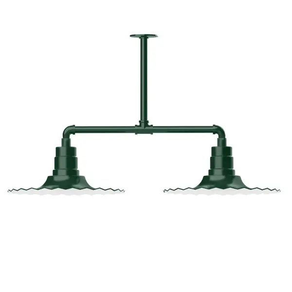 Maximize your light output with our 2-Light Multi-Light Stem Hung Pendants. Illuminate an outdoor or indoor kitchen island or dining table, this industrial look works well in both commercial and residential applications. The Radial Shade is fluted to allow water to flow off its surface, suitable for seaside and non-seaside locales. Collection: Radial Finish: Forest Green Glass: 16 inch Radial Notes: Option (2) A19 LED and 3-Integrated 8W, 10W, 15W Width: 16.00" Height: 21.50" Length: 39.63" Weight: 28.00 lb Canopy: 4.125" diameter Number of Bulbs: 2 Maximum Wattage: 100.00 W Bulb Type: A19 Bulb Base: E26 Medium Light Source: Incandescent or LED equivalent Dimmable Voltage: 120.00 V Country of Origin: US Safety Listing: UL/cUL Safety Rating: Wet Dark Sky LED Manufacturer Warranty: 1-year limited warranty on the fixture.