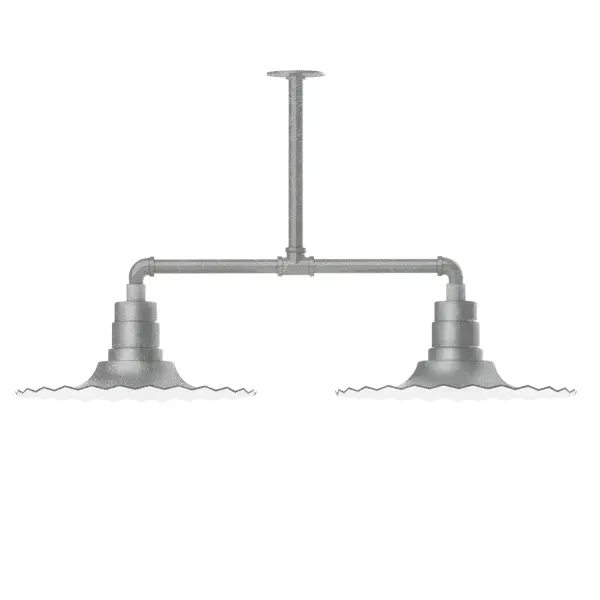 Maximize your light output with our 2-Light Multi-Light Stem Hung Pendants. Illuminate an outdoor or indoor kitchen island or dining table, this industrial look works well in both commercial and residential applications. The Radial Shade is fluted to allow water to flow off its surface, suitable for seaside and non-seaside locales. Collection: Radial Finish: Painted Galvanized Glass: 16 inch Radial Notes: Option (2) A19 LED and 3-Integrated 8W, 10W, 15W Width: 16.00" Height: 21.50" Length: 39.63" Weight: 28.00 lb Canopy: 4.125" diameter Number of Bulbs: 2 Maximum Wattage: 100.00 W Bulb Type: A19 Bulb Base: E26 Medium Light Source: Incandescent or LED equivalent Dimmable Voltage: 120.00 V Country of Origin: US Safety Listing: UL/cUL Safety Rating: Wet Dark Sky LED Manufacturer Warranty: 1-year limited warranty on the fixture.