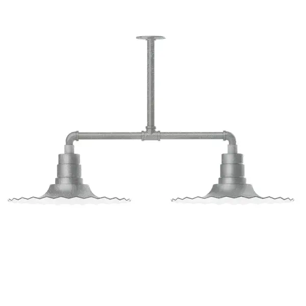 Maximize your light output with our 2-Light Multi-Light Stem Hung Pendants. Illuminate an outdoor or indoor kitchen island or dining table, this industrial look works well in both commercial and residential applications. The Radial Shade is fluted to allow water to flow off its surface, suitable for seaside and non-seaside locales. Collection: Radial Finish: Painted Galvanized Glass: 16 inch Radial Notes: Option (2) A19 LED and 3-Integrated 8W, 10W, 15W Width: 16.00" Height: 21.50" Length: 39.63" Weight: 28.00 lb Canopy: 4.125" diameter Number of Bulbs: 2 Maximum Wattage: 100.00 W Bulb Type: A19 Bulb Base: E26 Medium Light Source: Incandescent or LED equivalent Dimmable Voltage: 120.00 V Country of Origin: US Safety Listing: UL/cUL Safety Rating: Wet Dark Sky LED Manufacturer Warranty: 1-year limited warranty on the fixture.