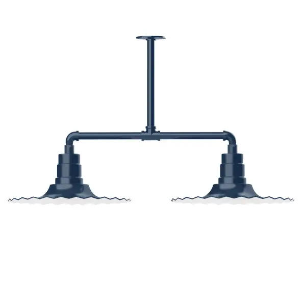 Maximize your light output with our 2-Light Multi-Light Stem Hung Pendants. Illuminate an outdoor or indoor kitchen island or dining table, this industrial look works well in both commercial and residential applications. The Radial Shade is fluted to allow water to flow off its surface, suitable for seaside and non-seaside locales. Collection: Radial Finish: Navy Glass: 16 inch Radial Notes: Option (2) A19 LED and 3-Integrated 8W, 10W, 15W Width: 16.00" Height: 21.50" Length: 39.63" Weight: 28.00 lb Canopy: 4.125" diameter Number of Bulbs: 2 Maximum Wattage: 100.00 W Bulb Type: A19 Bulb Base: E26 Medium Light Source: Incandescent or LED equivalent Dimmable Voltage: 120.00 V Country of Origin: US Safety Listing: UL/cUL Safety Rating: Wet Dark Sky LED Manufacturer Warranty: 1-year limited warranty on the fixture.