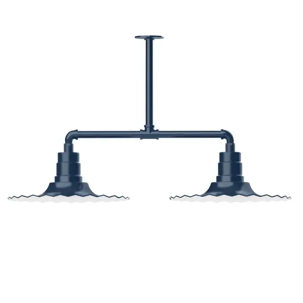 Maximize your light output with our 2-Light Multi-Light Stem Hung Pendants. Illuminate an outdoor or indoor kitchen island or dining table, this industrial look works well in both commercial and residential applications. The Radial Shade is fluted to allow water to flow off its surface, suitable for seaside and non-seaside locales. Collection: Radial Finish: Navy Glass: 16 inch Radial Notes: Option (2) A19 LED and 3-Integrated 8W, 10W, 15W Width: 16.00" Height: 21.50" Length: 39.63" Weight: 28.00 lb Canopy: 4.125" diameter Number of Bulbs: 2 Maximum Wattage: 100.00 W Bulb Type: A19 Bulb Base: E26 Medium Light Source: Incandescent or LED equivalent Dimmable Voltage: 120.00 V Country of Origin: US Safety Listing: UL/cUL Safety Rating: Wet Dark Sky LED Manufacturer Warranty: 1-year limited warranty on the fixture.