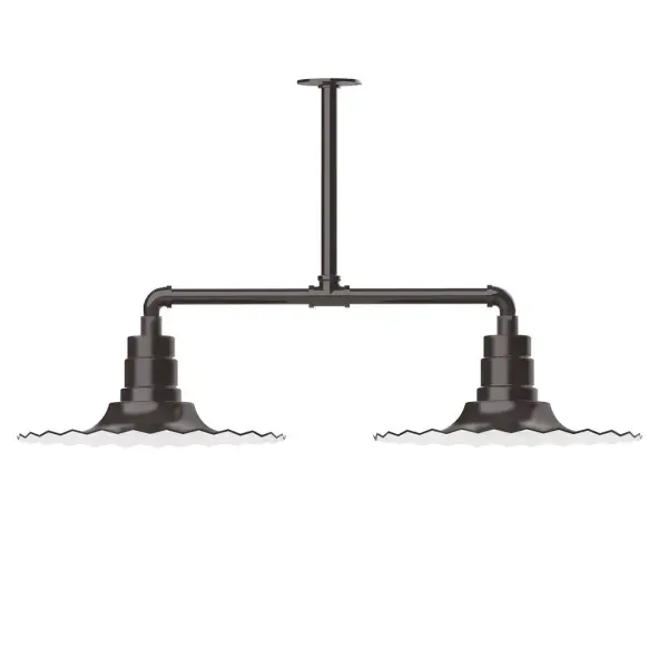 Maximize your light output with our 2-Light Multi-Light Stem Hung Pendants. Illuminate an outdoor or indoor kitchen island or dining table, this industrial look works well in both commercial and residential applications. The Radial Shade is fluted to allow water to flow off its surface, suitable for seaside and non-seaside locales. Collection: Radial Finish: Architectural Bronze Glass: 16 inch Radial Notes: Option (2) A19 LED and 3-Integrated 8W, 10W, 15W Width: 16.00" Height: 21.50" Length: 39.63" Weight: 28.00 lb Canopy: 4.125" diameter Number of Bulbs: 2 Maximum Wattage: 100.00 W Bulb Type: A19 Bulb Base: E26 Medium Light Source: Incandescent or LED equivalent Dimmable Voltage: 120.00 V Country of Origin: US Safety Listing: UL/cUL Safety Rating: Wet Dark Sky LED Manufacturer Warranty: 1-year limited warranty on the fixture.