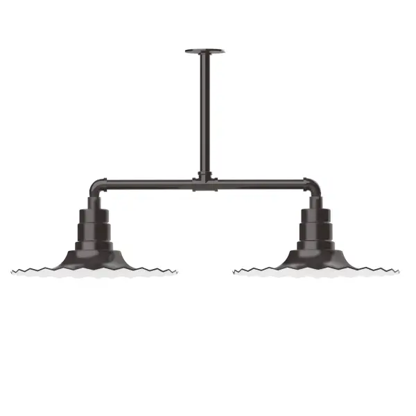 Maximize your light output with our 2-Light Multi-Light Stem Hung Pendants. Illuminate an outdoor or indoor kitchen island or dining table, this industrial look works well in both commercial and residential applications. The Radial Shade is fluted to allow water to flow off its surface, suitable for seaside and non-seaside locales. Collection: Radial Finish: Architectural Bronze Glass: 16 inch Radial Notes: Option (2) A19 LED and 3-Integrated 8W, 10W, 15W Width: 16.00" Height: 21.50" Length: 39.63" Weight: 28.00 lb Canopy: 4.125" diameter Number of Bulbs: 2 Maximum Wattage: 100.00 W Bulb Type: A19 Bulb Base: E26 Medium Light Source: Incandescent or LED equivalent Dimmable Voltage: 120.00 V Country of Origin: US Safety Listing: UL/cUL Safety Rating: Wet Dark Sky LED Manufacturer Warranty: 1-year limited warranty on the fixture.