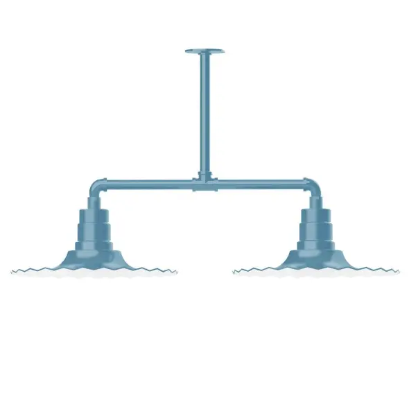 Maximize your light output with our 2-Light Multi-Light Stem Hung Pendants. Illuminate an outdoor or indoor kitchen island or dining table, this industrial look works well in both commercial and residential applications. The Radial Shade is fluted to allow water to flow off its surface, suitable for seaside and non-seaside locales. Collection: Radial Finish: Light Blue Glass: 16 inch Radial Notes: Option (2) A19 LED and 3-Integrated 8W, 10W, 15W Width: 16.00" Height: 21.50" Length: 39.63" Weight: 28.00 lb Canopy: 4.125" diameter Number of Bulbs: 2 Maximum Wattage: 100.00 W Bulb Type: A19 Bulb Base: E26 Medium Light Source: Incandescent or LED equivalent Dimmable Voltage: 120.00 V Country of Origin: US Safety Listing: UL/cUL Safety Rating: Wet Dark Sky LED Manufacturer Warranty: 1-year limited warranty on the fixture.