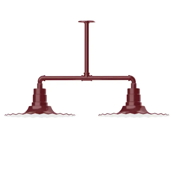 Maximize your light output with our 2-Light Multi-Light Stem Hung Pendants. Illuminate an outdoor or indoor kitchen island or dining table, this industrial look works well in both commercial and residential applications. The Radial Shade is fluted to allow water to flow off its surface, suitable for seaside and non-seaside locales. Collection: Radial Finish: Barn Red Glass: 16 inch Radial Notes: Option (2) A19 LED and 3-Integrated 8W, 10W, 15W Width: 16.00" Height: 21.50" Length: 39.63" Weight: 28.00 lb Canopy: 4.125" diameter Number of Bulbs: 2 Maximum Wattage: 100.00 W Bulb Type: A19 Bulb Base: E26 Medium Light Source: Incandescent or LED equivalent Dimmable Voltage: 120.00 V Country of Origin: US Safety Listing: UL/cUL Safety Rating: Wet Dark Sky LED Manufacturer Warranty: 1-year limited warranty on the fixture.