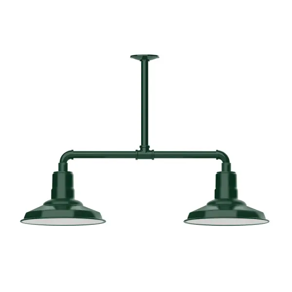 Maximize your light output with our 2-Light Multi-Light Stem Hung Pendants. Illuminate an outdoor or indoor kitchen island or dining table, this industrial look works well in both commercial and residential applications. The Warehouse shade is our most popular shade style, and we offer in a large variety of sizes. Collection: Warehouse Finish: Forest Green Glass: 12 inch Warehouse Notes: Option (2) A19 LED and 3-Integrated 8W, 10W, 15W Width: 12.13" Height: 21.75" Length: 35.13" Weight: 28.00 lb Canopy: 4.125" diameter Number of Bulbs: 2 Maximum Wattage: 100.00 W Bulb Type: A19 Bulb Base: E26 Medium Light Source: Incandescent or LED equivalent Dimmable Voltage: 120.00 V Country of Origin: US Safety Listing: UL/cUL Safety Rating: Wet Dark Sky LED Manufacturer Warranty: 1-year limited warranty on the fixture.
