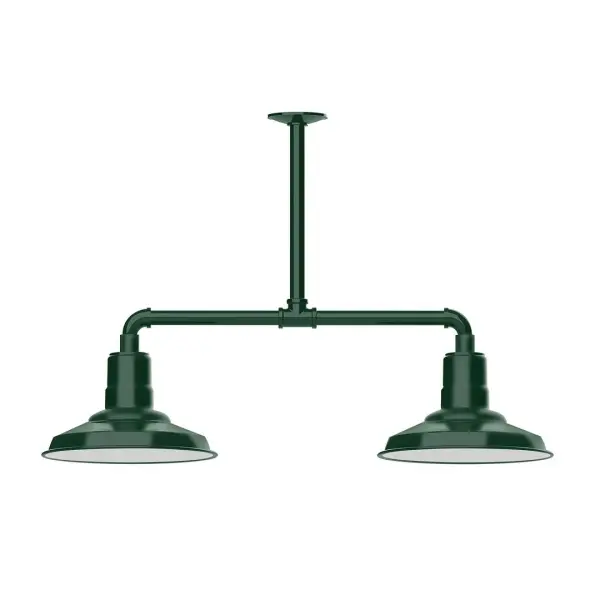 Maximize your light output with our 2-Light Multi-Light Stem Hung Pendants. Illuminate an outdoor or indoor kitchen island or dining table, this industrial look works well in both commercial and residential applications. The Warehouse shade is our most popular shade style, and we offer in a large variety of sizes. Collection: Warehouse Finish: Forest Green Glass: 12 inch Warehouse Notes: Option (2) A19 LED and 3-Integrated 8W, 10W, 15W Width: 12.13" Height: 21.75" Length: 35.13" Weight: 28.00 lb Canopy: 4.125" diameter Number of Bulbs: 2 Maximum Wattage: 100.00 W Bulb Type: A19 Bulb Base: E26 Medium Light Source: Incandescent or LED equivalent Dimmable Voltage: 120.00 V Country of Origin: US Safety Listing: UL/cUL Safety Rating: Wet Dark Sky LED Manufacturer Warranty: 1-year limited warranty on the fixture.