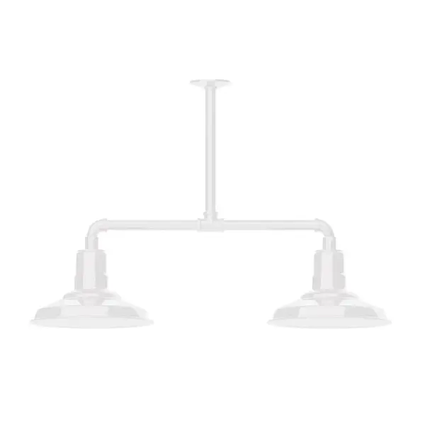 Maximize your light output with our 2-Light Multi-Light Stem Hung Pendants. Illuminate an outdoor or indoor kitchen island or dining table, this industrial look works well in both commercial and residential applications. The Warehouse shade is our most popular shade style, and we offer in a large variety of sizes. Collection: Warehouse Finish: White Glass: 12 inch Warehouse Notes: Option (2) A19 LED and 3-Integrated 8W, 10W, 15W Width: 12.13" Height: 21.75" Length: 35.13" Weight: 28.00 lb Canopy: 4.125" diameter Number of Bulbs: 2 Maximum Wattage: 100.00 W Bulb Type: A19 Bulb Base: E26 Medium Light Source: Incandescent or LED equivalent Dimmable Voltage: 120.00 V Country of Origin: US Safety Listing: UL/cUL Safety Rating: Wet Dark Sky LED Manufacturer Warranty: 1-year limited warranty on the fixture.
