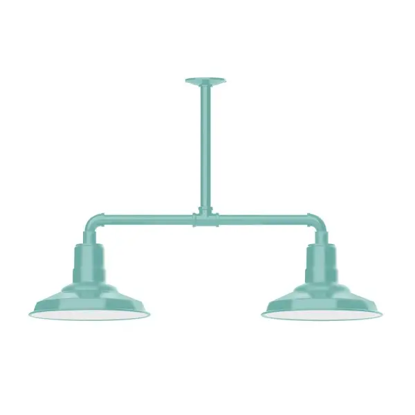 Maximize your light output with our 2-Light Multi-Light Stem Hung Pendants. Illuminate an outdoor or indoor kitchen island or dining table, this industrial look works well in both commercial and residential applications. The Warehouse shade is our most popular shade style, and we offer in a large variety of sizes. Collection: Warehouse Finish: Sea Green Glass: 12 inch Warehouse Notes: Option (2) A19 LED and 3-Integrated 8W, 10W, 15W Width: 12.13" Height: 21.75" Length: 35.13" Weight: 28.00 lb Canopy: 4.125" diameter Number of Bulbs: 2 Maximum Wattage: 100.00 W Bulb Type: A19 Bulb Base: E26 Medium Light Source: Incandescent or LED equivalent Dimmable Voltage: 120.00 V Country of Origin: US Safety Listing: UL/cUL Safety Rating: Wet Dark Sky LED Manufacturer Warranty: 1-year limited warranty on the fixture.