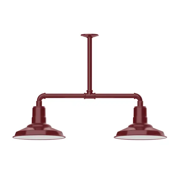 Maximize your light output with our 2-Light Multi-Light Stem Hung Pendants. Illuminate an outdoor or indoor kitchen island or dining table, this industrial look works well in both commercial and residential applications. The Warehouse shade is our most popular shade style, and we offer in a large variety of sizes. Collection: Warehouse Finish: Barn Red Glass: 12 inch Warehouse Notes: Option (2) A19 LED and 3-Integrated 8W, 10W, 15W Width: 12.13" Height: 21.75" Length: 35.13" Weight: 28.00 lb Canopy: 4.125" diameter Number of Bulbs: 2 Maximum Wattage: 100.00 W Bulb Type: A19 Bulb Base: E26 Medium Light Source: Incandescent or LED equivalent Dimmable Voltage: 120.00 V Country of Origin: US Safety Listing: UL/cUL Safety Rating: Wet Dark Sky LED Manufacturer Warranty: 1-year limited warranty on the fixture.