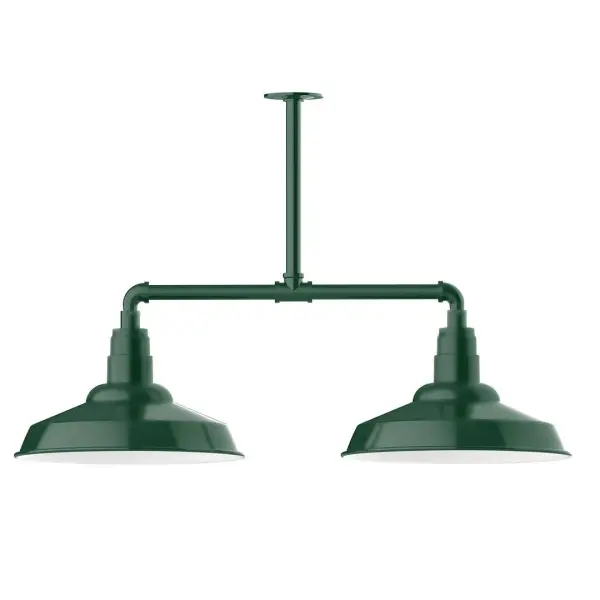 Maximize your light output with our 2-Light Multi-Light Stem Hung Pendants. Illuminate an outdoor or indoor kitchen island or dining table, this industrial look works well in both commercial and residential applications. The Warehouse shade is our most popular shade style, and we offer in a large variety of sizes. Collection: Warehouse Finish: Forest Green Glass: 16 inch Warehouse Width: 16.25" Height: 23.75" Length: 38.88" Weight: 28.00 lb Canopy: 4.125" diameter Number of Bulbs: 2 Maximum Wattage: 15.00 W Light Source: LED Light Output: 1200.00 lm Color Temperature: 2700 K CRI: 90 Dimmable Rated Average Life: 50,000 Voltage: 120.00 V Country of Origin: US Safety Listing: UL/cUL Safety Rating: Wet Dark Sky LED Manufacturer Warranty: 1-year limited warranty on the fixture.