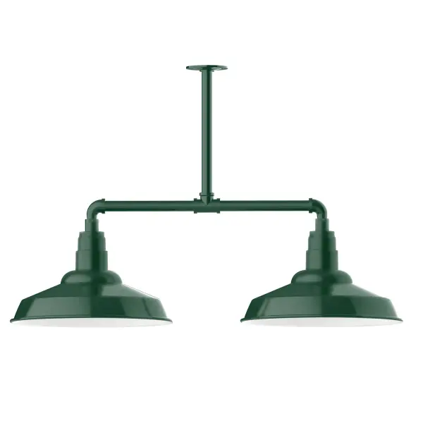 Maximize your light output with our 2-Light Multi-Light Stem Hung Pendants. Illuminate an outdoor or indoor kitchen island or dining table, this industrial look works well in both commercial and residential applications. The Warehouse shade is our most popular shade style, and we offer in a large variety of sizes. Collection: Warehouse Finish: Forest Green Glass: 16 inch Warehouse Notes: Option (2) A19 LED and 3-Integrated 8W, 10W, 15W Width: 16.25" Height: 23.75" Length: 38.88" Weight: 28.00 lb Canopy: 4.125" diameter Number of Bulbs: 2 Maximum Wattage: 100.00 W Bulb Type: A19 Bulb Base: E26 Medium Light Source: Incandescent or LED equivalent Dimmable Voltage: 120.00 V Country of Origin: US Safety Listing: UL/cUL Safety Rating: Wet Dark Sky LED Manufacturer Warranty: 1-year limited warranty on the fixture.
