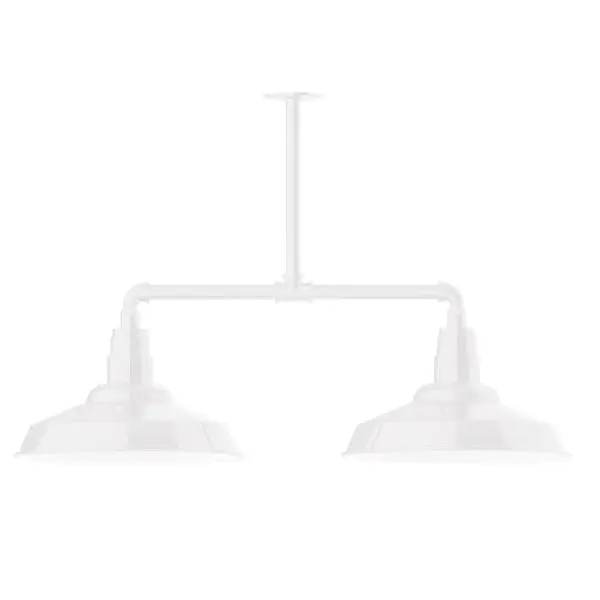 Maximize your light output with our 2-Light Multi-Light Stem Hung Pendants. Illuminate an outdoor or indoor kitchen island or dining table, this industrial look works well in both commercial and residential applications. The Warehouse shade is our most popular shade style, and we offer in a large variety of sizes. Collection: Warehouse Finish: White Glass: 16 inch Warehouse Width: 16.25" Height: 23.75" Length: 38.88" Weight: 28.00 lb Canopy: 4.125" diameter Number of Bulbs: 2 Maximum Wattage: 15.00 W Light Source: LED Light Output: 1200.00 lm Color Temperature: 3000 K CRI: 90 Dimmable Rated Average Life: 50,000 Voltage: 120.00 V Country of Origin: US Safety Listing: UL/cUL Safety Rating: Wet Dark Sky LED Manufacturer Warranty: 1-year limited warranty on the fixture.