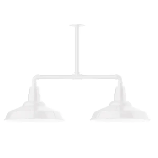 Maximize your light output with our 2-Light Multi-Light Stem Hung Pendants. Illuminate an outdoor or indoor kitchen island or dining table, this industrial look works well in both commercial and residential applications. The Warehouse shade is our most popular shade style, and we offer in a large variety of sizes. Collection: Warehouse Finish: White Glass: 16 inch Warehouse Notes: Option (2) A19 LED and 3-Integrated 8W, 10W, 15W Width: 16.25" Height: 23.75" Length: 38.88" Weight: 28.00 lb Canopy: 4.125" diameter Number of Bulbs: 2 Maximum Wattage: 100.00 W Bulb Type: A19 Bulb Base: E26 Medium Light Source: Incandescent or LED equivalent Dimmable Voltage: 120.00 V Country of Origin: US Safety Listing: UL/cUL Safety Rating: Wet Dark Sky LED Manufacturer Warranty: 1-year limited warranty on the fixture.