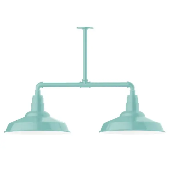 Maximize your light output with our 2-Light Multi-Light Stem Hung Pendants. Illuminate an outdoor or indoor kitchen island or dining table, this industrial look works well in both commercial and residential applications. The Warehouse shade is our most popular shade style, and we offer in a large variety of sizes. Collection: Warehouse Finish: Sea Green Glass: 16 inch Warehouse Notes: Option (2) A19 LED and 3-Integrated 8W, 10W, 15W Width: 16.25" Height: 23.75" Length: 38.88" Weight: 28.00 lb Canopy: 4.125" diameter Number of Bulbs: 2 Maximum Wattage: 100.00 W Bulb Type: A19 Bulb Base: E26 Medium Light Source: Incandescent or LED equivalent Dimmable Voltage: 120.00 V Country of Origin: US Safety Listing: UL/cUL Safety Rating: Wet Dark Sky LED Manufacturer Warranty: 1-year limited warranty on the fixture.