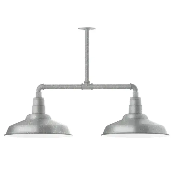 Maximize your light output with our 2-Light Multi-Light Stem Hung Pendants. Illuminate an outdoor or indoor kitchen island or dining table, this industrial look works well in both commercial and residential applications. The Warehouse shade is our most popular shade style, and we offer in a large variety of sizes. Collection: Warehouse Finish: Painted Galvanized Glass: 16 inch Warehouse Notes: Option (2) A19 LED and 3-Integrated 8W, 10W, 15W Width: 16.25" Height: 23.75" Length: 38.88" Weight: 28.00 lb Canopy: 4.125" diameter Number of Bulbs: 2 Maximum Wattage: 100.00 W Bulb Type: A19 Bulb Base: E26 Medium Light Source: Incandescent or LED equivalent Dimmable Voltage: 120.00 V Country of Origin: US Safety Listing: UL/cUL Safety Rating: Wet Dark Sky LED Manufacturer Warranty: 1-year limited warranty on the fixture.