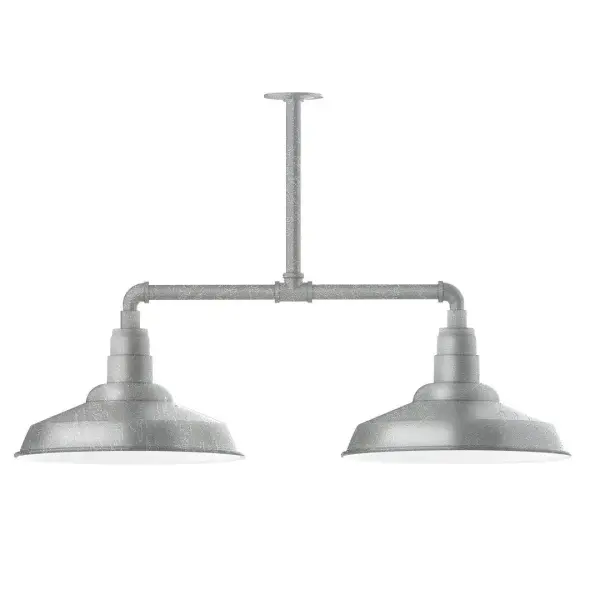 Maximize your light output with our 2-Light Multi-Light Stem Hung Pendants. Illuminate an outdoor or indoor kitchen island or dining table, this industrial look works well in both commercial and residential applications. The Warehouse shade is our most popular shade style, and we offer in a large variety of sizes. Collection: Warehouse Finish: Painted Galvanized Glass: 16 inch Warehouse Notes: Option (2) A19 LED and 3-Integrated 8W, 10W, 15W Width: 16.25" Height: 23.75" Length: 38.88" Weight: 28.00 lb Canopy: 4.125" diameter Number of Bulbs: 2 Maximum Wattage: 100.00 W Bulb Type: A19 Bulb Base: E26 Medium Light Source: Incandescent or LED equivalent Dimmable Voltage: 120.00 V Country of Origin: US Safety Listing: UL/cUL Safety Rating: Wet Dark Sky LED Manufacturer Warranty: 1-year limited warranty on the fixture.