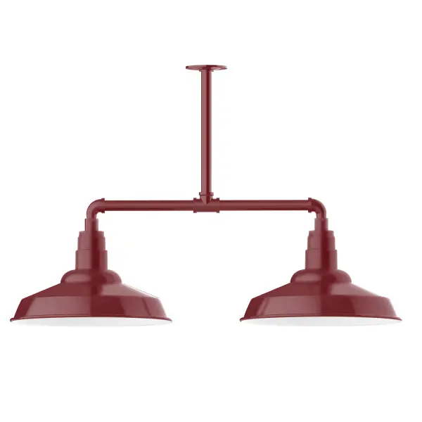 Maximize your light output with our 2-Light Multi-Light Stem Hung Pendants. Illuminate an outdoor or indoor kitchen island or dining table, this industrial look works well in both commercial and residential applications. The Warehouse shade is our most popular shade style, and we offer in a large variety of sizes. Collection: Warehouse Finish: Barn Red Glass: 16 inch Warehouse Notes: Option (2) A19 LED and 3-Integrated 8W, 10W, 15W Width: 16.25" Height: 23.75" Length: 38.88" Weight: 28.00 lb Canopy: 4.125" diameter Number of Bulbs: 2 Maximum Wattage: 100.00 W Bulb Type: A19 Bulb Base: E26 Medium Light Source: Incandescent or LED equivalent Dimmable Voltage: 120.00 V Country of Origin: US Safety Listing: UL/cUL Safety Rating: Wet Dark Sky LED Manufacturer Warranty: 1-year limited warranty on the fixture.