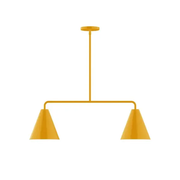 Jynx, a contemporary series of basic spun geometric shapes, is simply configured for interior use. Colorful and clean-lined, these axially symmetric shapes will add pizzazz to your space. Collection: Jynx Finish: Bright Yellow Glass: 8" Jynx Width: 8.00" Height: 58.25" Length: 32.00" Weight: 15.00 lb Canopy: 5" diameter Number of Bulbs: 2 Maximum Wattage: 8.00 W Light Source: LED Light Output: 800.00 lm Color Temperature: 3000 K CRI: 90 Dimmable Rated Average Life: 50,000 Voltage: 120.00 V Country of Origin: US Safety Listing: UL/cUL Safety Rating: Dry LED Manufacturer Warranty: 1-year limited warranty on the fixture.