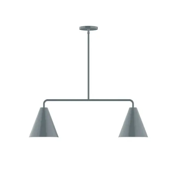 Jynx, a contemporary series of basic spun geometric shapes, is simply configured for interior use. Colorful and clean-lined, these axially symmetric shapes will add pizzazz to your space. Collection: Jynx Finish: Slate Gray Glass: 8" Jynx Width: 8.00" Height: 58.25" Length: 32.00" Weight: 15.00 lb Canopy: 5" diameter Number of Bulbs: 2 Maximum Wattage: 8.00 W Light Source: LED Light Output: 800.00 lm Color Temperature: 3000 K CRI: 90 Dimmable Rated Average Life: 50,000 Voltage: 120.00 V Country of Origin: US Safety Listing: UL/cUL Safety Rating: Dry LED Manufacturer Warranty: 1-year limited warranty on the fixture.