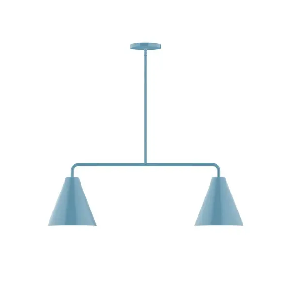 Jynx, a contemporary series of basic spun geometric shapes, is simply configured for interior use. Colorful and clean-lined, these axially symmetric shapes will add pizzazz to your space. Collection: Jynx Finish: Light Blue Glass: 8" Jynx Width: 8.00" Height: 58.25" Length: 32.00" Weight: 15.00 lb Canopy: 5" diameter Number of Bulbs: 2 Maximum Wattage: 8.00 W Light Source: LED Light Output: 800.00 lm Color Temperature: 3000 K CRI: 90 Dimmable Rated Average Life: 50,000 Voltage: 120.00 V Country of Origin: US Safety Listing: UL/cUL Safety Rating: Dry LED Manufacturer Warranty: 1-year limited warranty on the fixture.