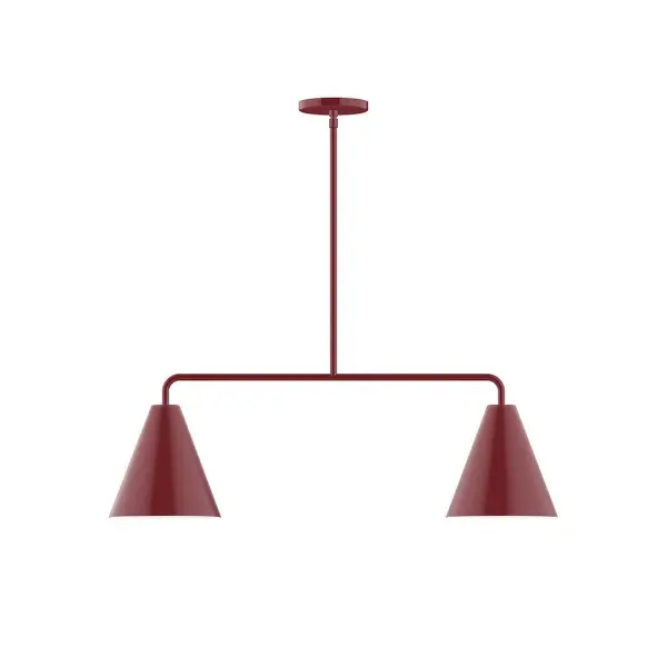Jynx, a contemporary series of basic spun geometric shapes, is simply configured for interior use. Colorful and clean-lined, these axially symmetric shapes will add pizzazz to your space. Collection: Jynx Finish: Barn Red Glass: 8" Jynx Width: 8.00" Height: 58.25" Length: 32.00" Weight: 15.00 lb Canopy: 5" diameter Number of Bulbs: 2 Maximum Wattage: 8.00 W Light Source: LED Light Output: 800.00 lm Color Temperature: 3000 K CRI: 90 Dimmable Rated Average Life: 50,000 Voltage: 120.00 V Country of Origin: US Safety Listing: UL/cUL Safety Rating: Dry LED Manufacturer Warranty: 1-year limited warranty on the fixture.