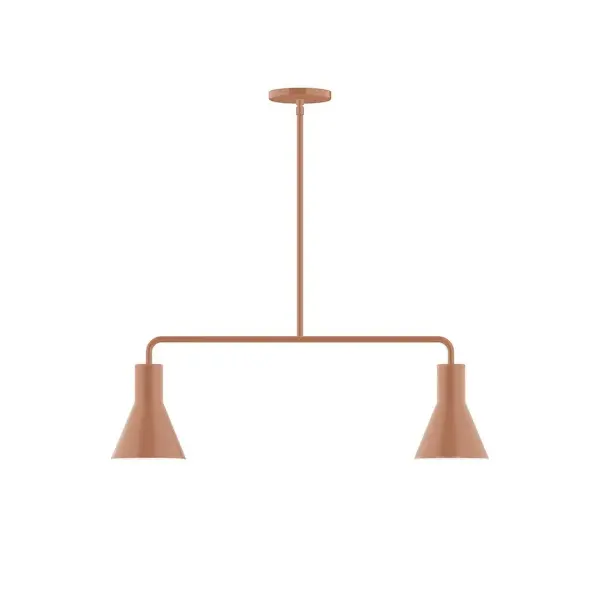 Axis, a contemporary series of basic spun geometric shapes, is simply configured for interior use. Colorful and clean-lined, these axially symmetric shapes will add pizzazz to your space. Collection: Flare Finish: Terracotta Glass: 8" Flare Width: 6.00" Height: 57.75" Length: 30.00" Weight: 15.00 lb Canopy: 5" diameter Number of Bulbs: 2 Maximum Wattage: 8.00 W Light Source: LED Light Output: 800.00 lm Color Temperature: 3000 K CRI: 90 Dimmable Rated Average Life: 50,000 Voltage: 120.00 V Country of Origin: US Safety Listing: UL/cUL Safety Rating: Dry LED Manufacturer Warranty: 1-year limited warranty on the fixture.