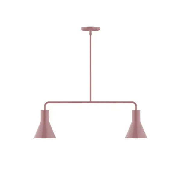 Axis, a contemporary series of basic spun geometric shapes, is simply configured for interior use. Colorful and clean-lined, these axially symmetric shapes will add pizzazz to your space. Collection: Flare Finish: Mauve Glass: 8" Flare Width: 6.00" Height: 57.75" Length: 30.00" Weight: 15.00 lb Canopy: 5" diameter Number of Bulbs: 2 Maximum Wattage: 8.00 W Light Source: LED Light Output: 800.00 lm Color Temperature: 3000 K CRI: 90 Dimmable Rated Average Life: 50,000 Voltage: 120.00 V Country of Origin: US Safety Listing: UL/cUL Safety Rating: Dry LED Manufacturer Warranty: 1-year limited warranty on the fixture.