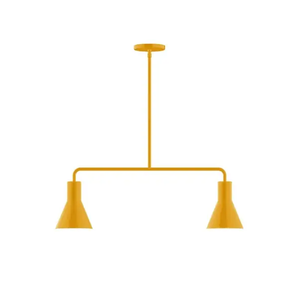 Axis, a contemporary series of basic spun geometric shapes, is simply configured for interior use. Colorful and clean-lined, these axially symmetric shapes will add pizzazz to your space. Collection: Flare Finish: Bright Yellow Glass: 8" Flare Width: 6.00" Height: 57.75" Length: 30.00" Weight: 15.00 lb Canopy: 5" diameter Number of Bulbs: 2 Maximum Wattage: 8.00 W Light Source: LED Light Output: 800.00 lm Color Temperature: 3000 K CRI: 90 Dimmable Rated Average Life: 50,000 Voltage: 120.00 V Country of Origin: US Safety Listing: UL/cUL Safety Rating: Dry LED Manufacturer Warranty: 1-year limited warranty on the fixture.