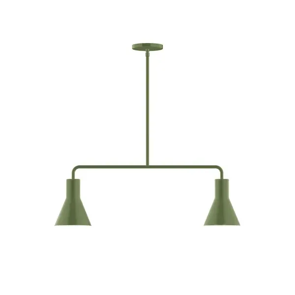 Axis, a contemporary series of basic spun geometric shapes, is simply configured for interior use. Colorful and clean-lined, these axially symmetric shapes will add pizzazz to your space. Collection: Flare Finish: Fern Green Glass: 8" Flare Width: 6.00" Height: 57.75" Length: 30.00" Weight: 15.00 lb Canopy: 5" diameter Number of Bulbs: 2 Maximum Wattage: 8.00 W Light Source: LED Light Output: 800.00 lm Color Temperature: 3000 K CRI: 90 Dimmable Rated Average Life: 50,000 Voltage: 120.00 V Country of Origin: US Safety Listing: UL/cUL Safety Rating: Dry LED Manufacturer Warranty: 1-year limited warranty on the fixture.