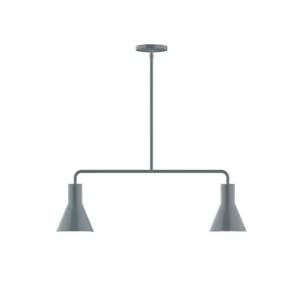 Axis, a contemporary series of basic spun geometric shapes, is simply configured for interior use. Colorful and clean-lined, these axially symmetric shapes will add pizzazz to your space. Collection: Flare Finish: Slate Gray Glass: 8" Flare Width: 6.00" Height: 57.75" Length: 30.00" Weight: 15.00 lb Canopy: 5" diameter Number of Bulbs: 2 Maximum Wattage: 8.00 W Light Source: LED Light Output: 800.00 lm Color Temperature: 3000 K CRI: 90 Dimmable Rated Average Life: 50,000 Voltage: 120.00 V Country of Origin: US Safety Listing: UL/cUL Safety Rating: Dry LED Manufacturer Warranty: 1-year limited warranty on the fixture.