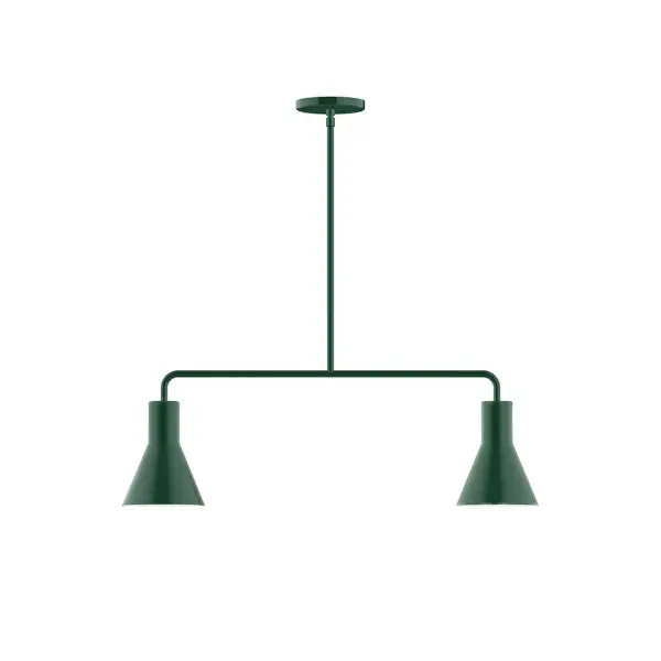Axis, a contemporary series of basic spun geometric shapes, is simply configured for interior use. Colorful and clean-lined, these axially symmetric shapes will add pizzazz to your space. Collection: Flare Finish: Forest Green Glass: 8" Flare Width: 6.00" Height: 57.75" Length: 30.00" Weight: 15.00 lb Canopy: 5" diameter Number of Bulbs: 2 Maximum Wattage: 8.00 W Light Source: LED Light Output: 800.00 lm Color Temperature: 3000 K CRI: 90 Dimmable Rated Average Life: 50,000 Voltage: 120.00 V Country of Origin: US Safety Listing: UL/cUL Safety Rating: Dry LED Manufacturer Warranty: 1-year limited warranty on the fixture.