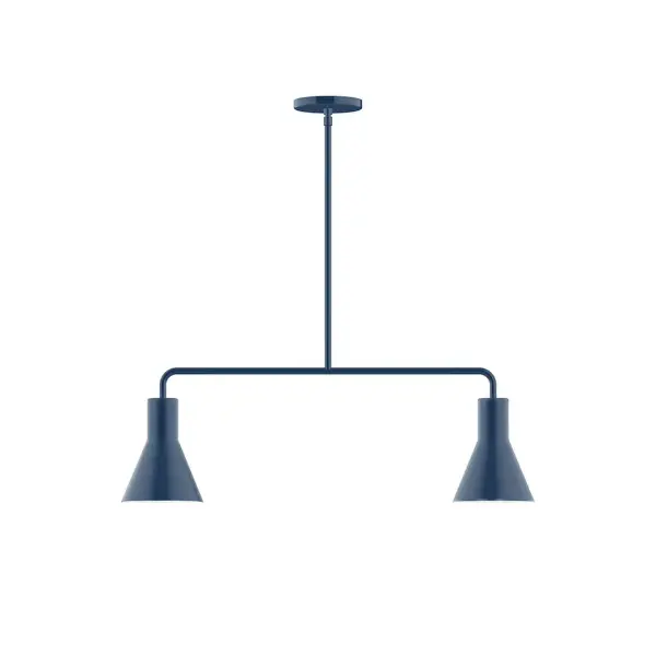 Axis, a contemporary series of basic spun geometric shapes, is simply configured for interior use. Colorful and clean-lined, these axially symmetric shapes will add pizzazz to your space. Collection: Flare Finish: Navy Glass: 8" Flare Width: 6.00" Height: 57.75" Length: 30.00" Weight: 15.00 lb Canopy: 5" diameter Number of Bulbs: 2 Maximum Wattage: 8.00 W Light Source: LED Light Output: 800.00 lm Color Temperature: 3000 K CRI: 90 Dimmable Rated Average Life: 50,000 Voltage: 120.00 V Country of Origin: US Safety Listing: UL/cUL Safety Rating: Dry LED Manufacturer Warranty: 1-year limited warranty on the fixture.