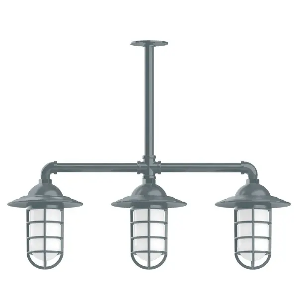 Maximize your light output with our 3-Light Multi-Light Stem Hung Pendants. Illuminate an outdoor or indoor kitchen island or dining table, this industrial look works well in both commercial and residential applications. Our weathertight glass and guard will protect your light source from damage in a storm, as well as light your way in great nautical style. Collection: Vaportite Finish: Slate Gray Glass: 5 inch Vaportite Notes: Option (3) A19 LED and 1-Integrated 8W Width: 31.00" Height: 58.00" Length: 31.00" Weight: 25.00 lb Extension from Wall: 31.00" Canopy: 4.125" diameter Number of Bulbs: 3 Maximum Wattage: 100.00 W Bulb Type: A19 Bulb Base: E26 Medium Light Source: Incandescent or LED equivalent Dimmable Voltage: 120.00 V Country of Origin: US Safety Listing: UL/cUL Safety Rating: Wet Dark Sky LED Manufacturer Warranty: 1-year limited warranty on the fixture.