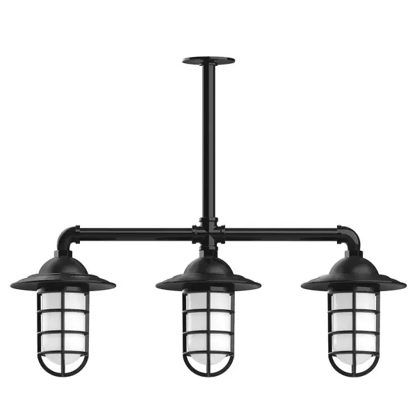 Maximize your light output with our 3-Light Multi-Light Stem Hung Pendants. Illuminate an outdoor or indoor kitchen island or dining table, this industrial look works well in both commercial and residential applications. Our weathertight glass and guard will protect your light source from damage in a storm, as well as light your way in great nautical style. Collection: Vaportite Finish: Black Glass: 5 inch Vaportite Notes: Option (3) A19 LED and 1-Integrated 8W Width: 31.00" Height: 58.00" Length: 31.00" Weight: 25.00 lb Extension from Wall: 31.00" Canopy: 4.125" diameter Number of Bulbs: 3 Maximum Wattage: 100.00 W Bulb Type: A19 Bulb Base: E26 Medium Light Source: Incandescent or LED equivalent Dimmable Voltage: 120.00 V Country of Origin: US Safety Listing: UL/cUL Safety Rating: Wet Dark Sky LED Manufacturer Warranty: 1-year limited warranty on the fixture.
