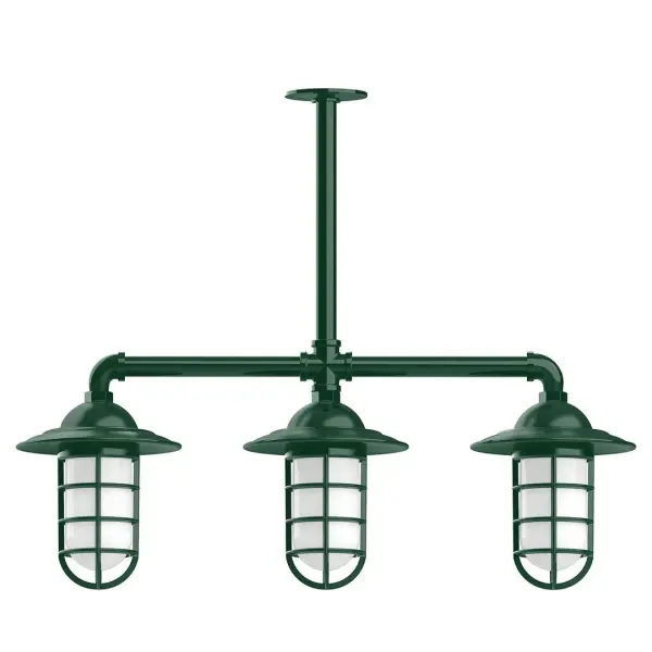 Maximize your light output with our 3-Light Multi-Light Stem Hung Pendants. Illuminate an outdoor or indoor kitchen island or dining table, this industrial look works well in both commercial and residential applications. Our weathertight glass and guard will protect your light source from damage in a storm, as well as light your way in great nautical style. Collection: Vaportite Finish: Forest Green Glass: 5 inch Vaportite Notes: Option (3) A19 LED and 1-Integrated 8W Width: 31.00" Height: 34.00" Length: 31.00" Weight: 25.00 lb Extension from Wall: 31.00" Canopy: 4.125" diameter Number of Bulbs: 3 Maximum Wattage: 100.00 W Bulb Type: A19 Bulb Base: E26 Medium Light Source: Incandescent or LED equivalent Dimmable Voltage: 120.00 V Country of Origin: US Safety Listing: UL/cUL Safety Rating: Wet Dark Sky LED Manufacturer Warranty: 1-year limited warranty on the fixture.