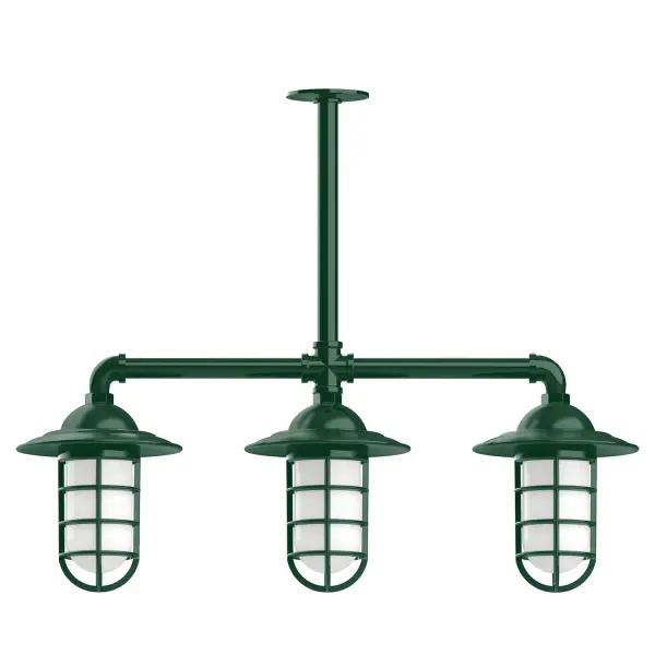 Maximize your light output with our 3-Light Multi-Light Stem Hung Pendants. Illuminate an outdoor or indoor kitchen island or dining table, this industrial look works well in both commercial and residential applications. Our weathertight glass and guard will protect your light source from damage in a storm, as well as light your way in great nautical style. Collection: Vaportite Finish: Forest Green Glass: 5 inch Vaportite Notes: Option (3) A19 LED and 1-Integrated 8W Width: 31.00" Height: 40.00" Length: 31.00" Weight: 25.00 lb Extension from Wall: 31.00" Canopy: 4.125" diameter Number of Bulbs: 3 Maximum Wattage: 100.00 W Bulb Type: A19 Bulb Base: E26 Medium Light Source: Incandescent or LED equivalent Dimmable Voltage: 120.00 V Country of Origin: US Safety Listing: UL/cUL Safety Rating: Wet Dark Sky LED Manufacturer Warranty: 1-year limited warranty on the fixture.