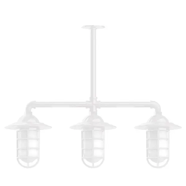 Maximize your light output with our 3-Light Multi-Light Stem Hung Pendants. Illuminate an outdoor or indoor kitchen island or dining table, this industrial look works well in both commercial and residential applications. Our weathertight glass and guard will protect your light source from damage in a storm, as well as light your way in great nautical style. Collection: Vaportite Finish: White Glass: 5 inch Vaportite Notes: Option (3) A19 LED and 1-Integrated 8W Width: 31.00" Height: 58.00" Length: 31.00" Weight: 25.00 lb Extension from Wall: 31.00" Canopy: 4.125" diameter Number of Bulbs: 3 Maximum Wattage: 100.00 W Bulb Type: A19 Bulb Base: E26 Medium Light Source: Incandescent or LED equivalent Dimmable Voltage: 120.00 V Country of Origin: US Safety Listing: UL/cUL Safety Rating: Wet Dark Sky LED Manufacturer Warranty: 1-year limited warranty on the fixture.